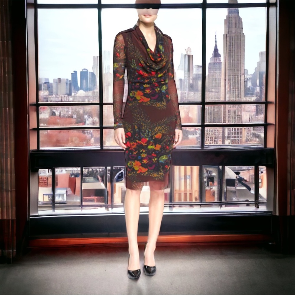 Jean Paul Gaultier Soleil Long sleeve,floral,cowl neck,mesh, rouched dress SZ XL